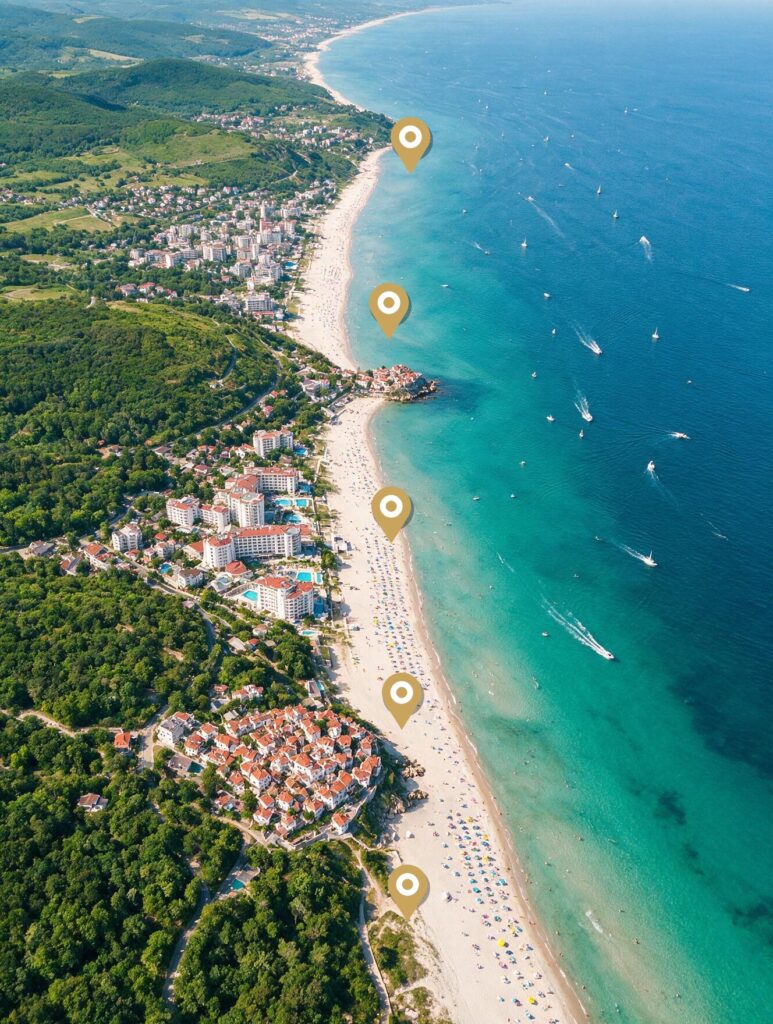 Aerial map of the Black Sea coast with pins: Elenite, Sveti Vlas, Sunny Beach, Nessebar, Ravda